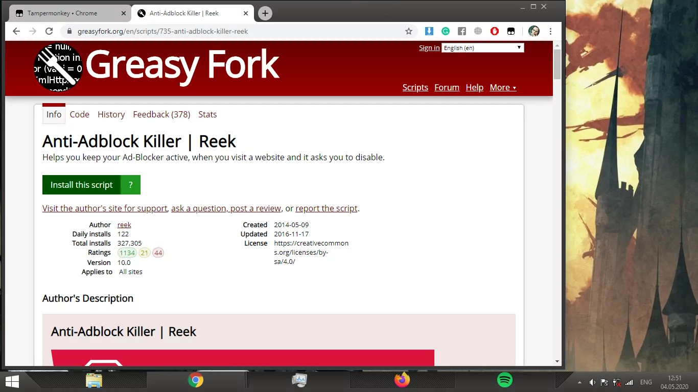 GreasyFork page with Reek's Anti-Adblock Killer script