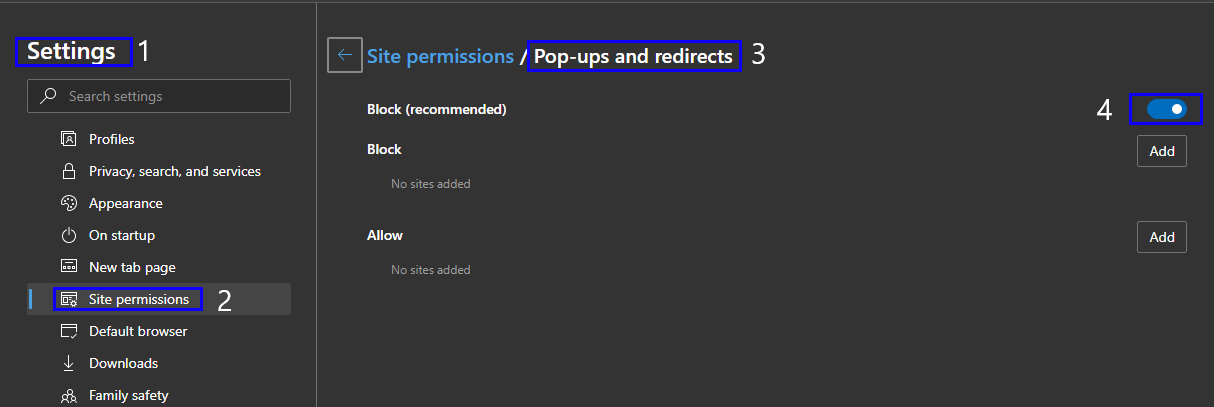 how to disable pop up blocker microsoft edge