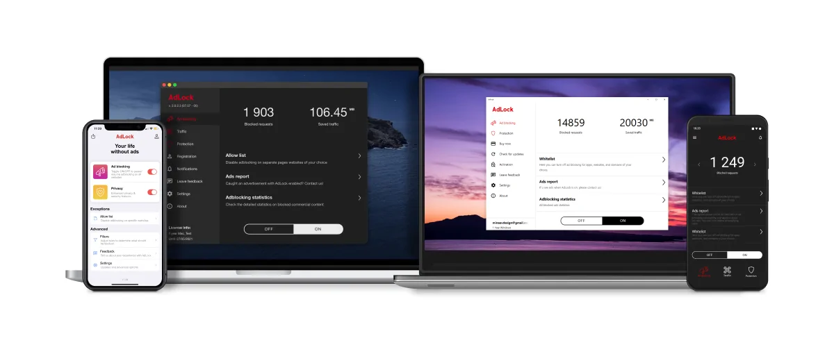 AdLock installed on macOS, iOS, Windows and Android devices