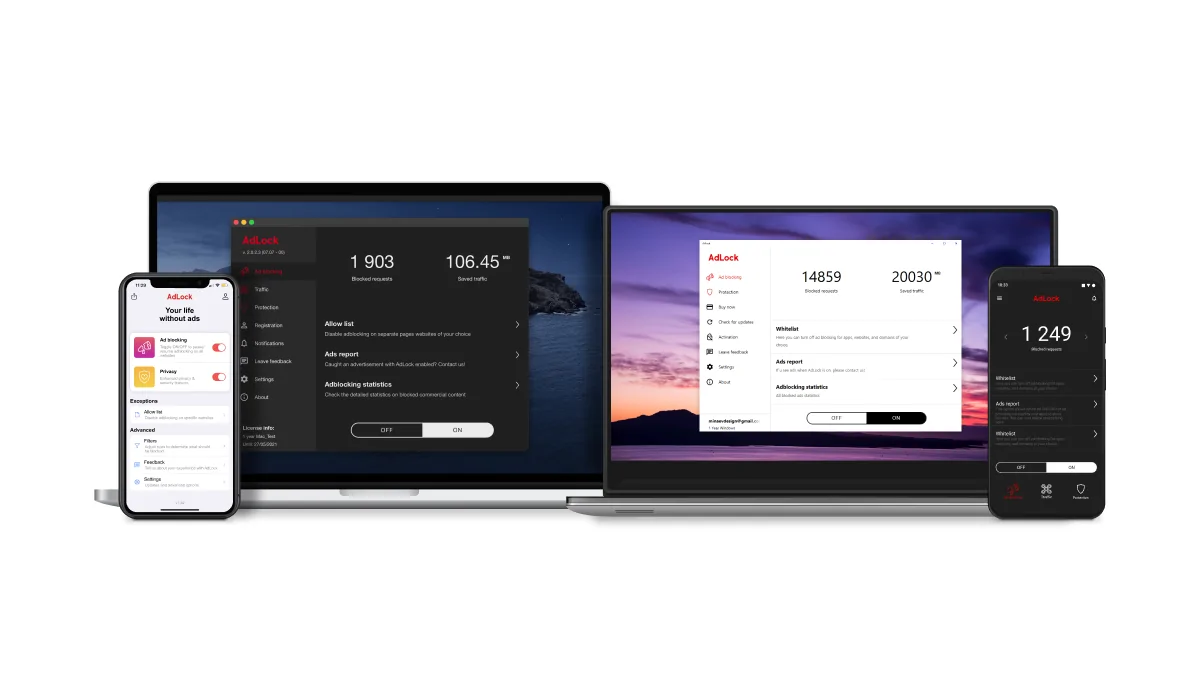 AdLock installed on iOS, macOS, Windows and Android devices