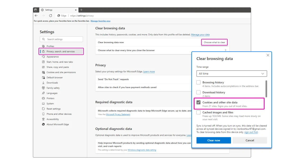 delete Twitch cookies in Microsoft Edge: