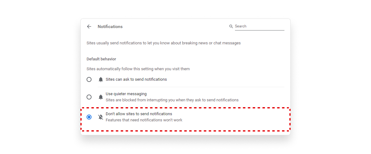 Don’t allow sites to send notifications settings