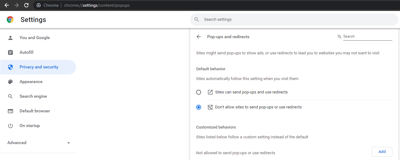 Disable pop-ups and redirects on Google Chrome
