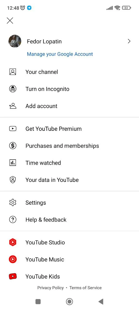 Open the profile settings on YouTube app