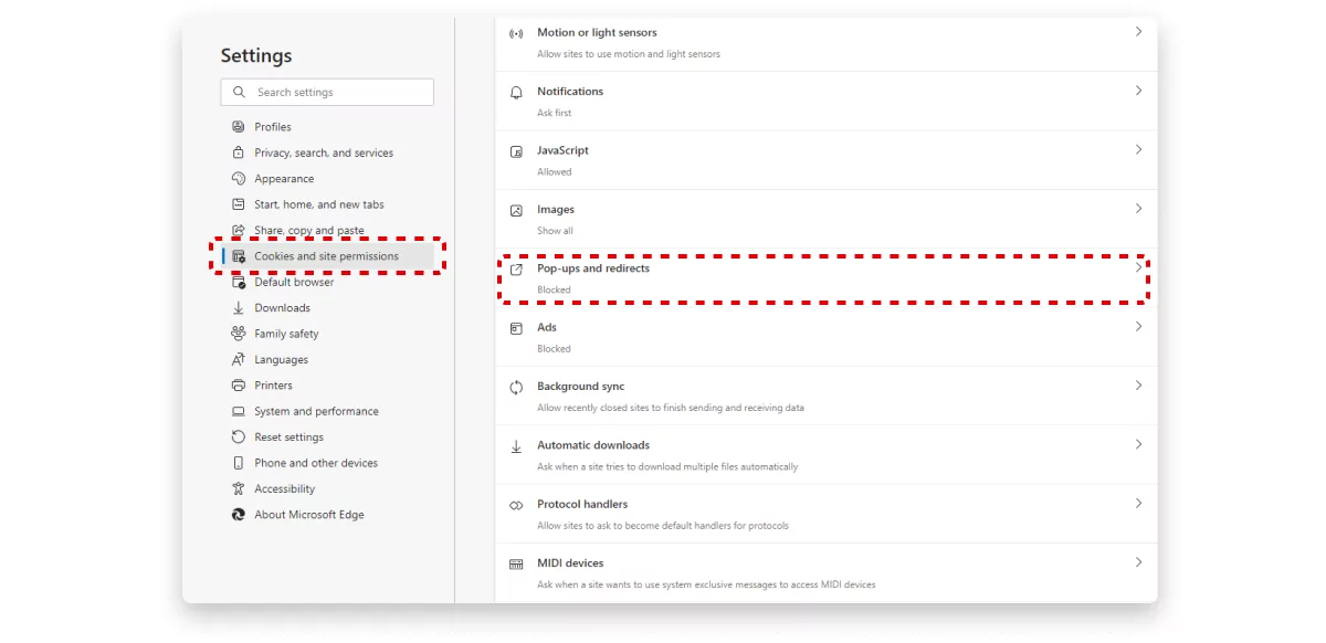 Settings - Cookies and Site permissions - Pop-ups and redirects