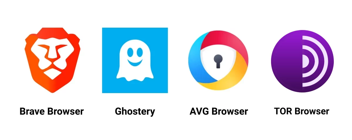 Brave Browser, Ghostery, AVG Browser and TOR Browser logos