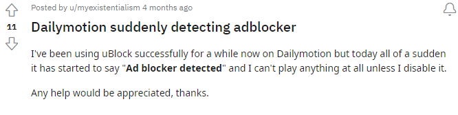 Dailymotion may detect your adblocker