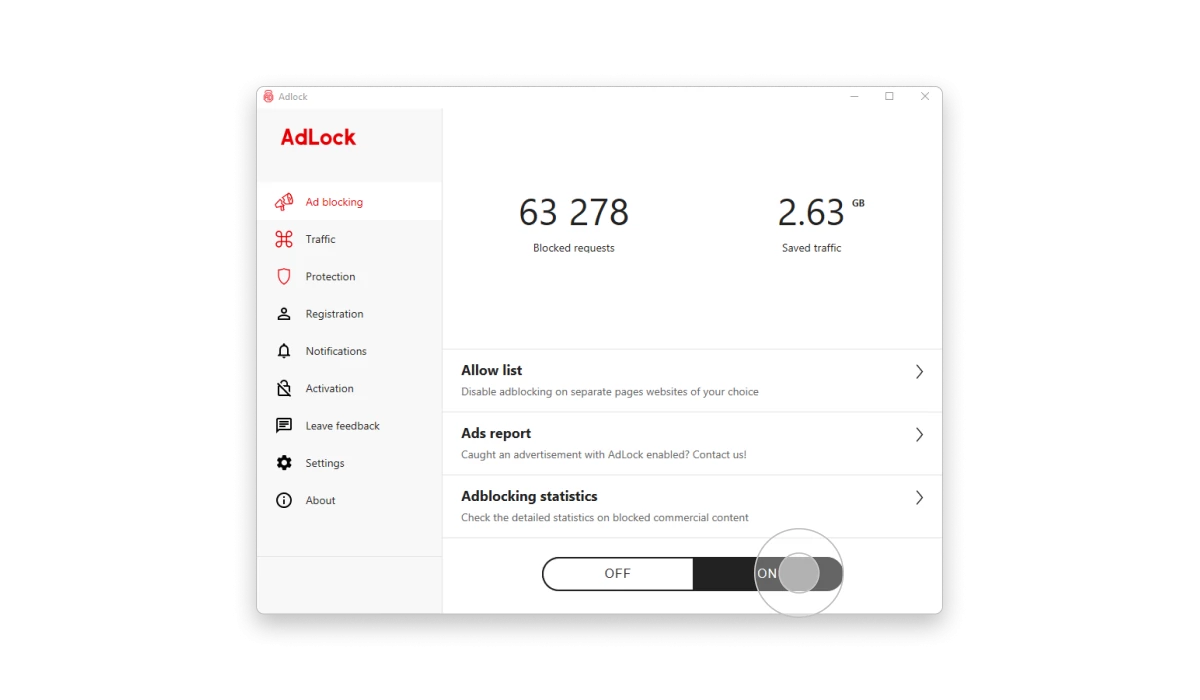 Turn ON Adlock to block ads