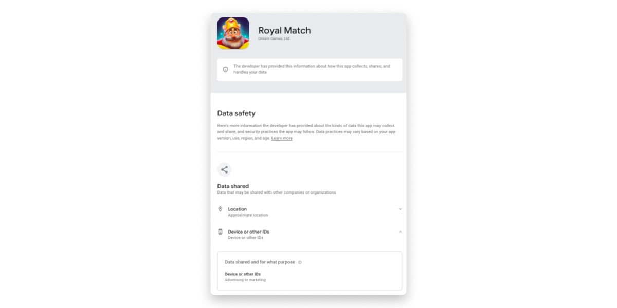 Royal Match may share device information