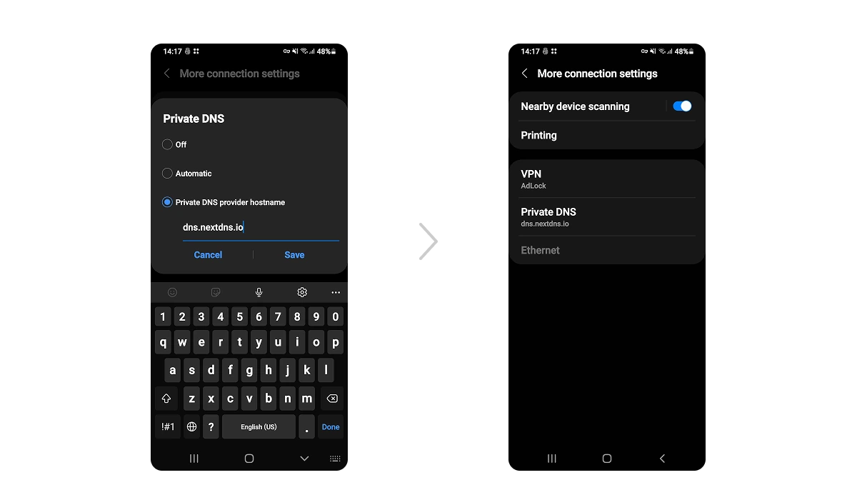 Android Private DNS settings screen with a provider hostname entered